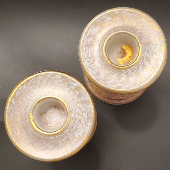 1950's Stangl Antique Gold Light Blue / Aqua Pair 4" Candlesticks 1 Repair 4064 - Picture 5 of 11